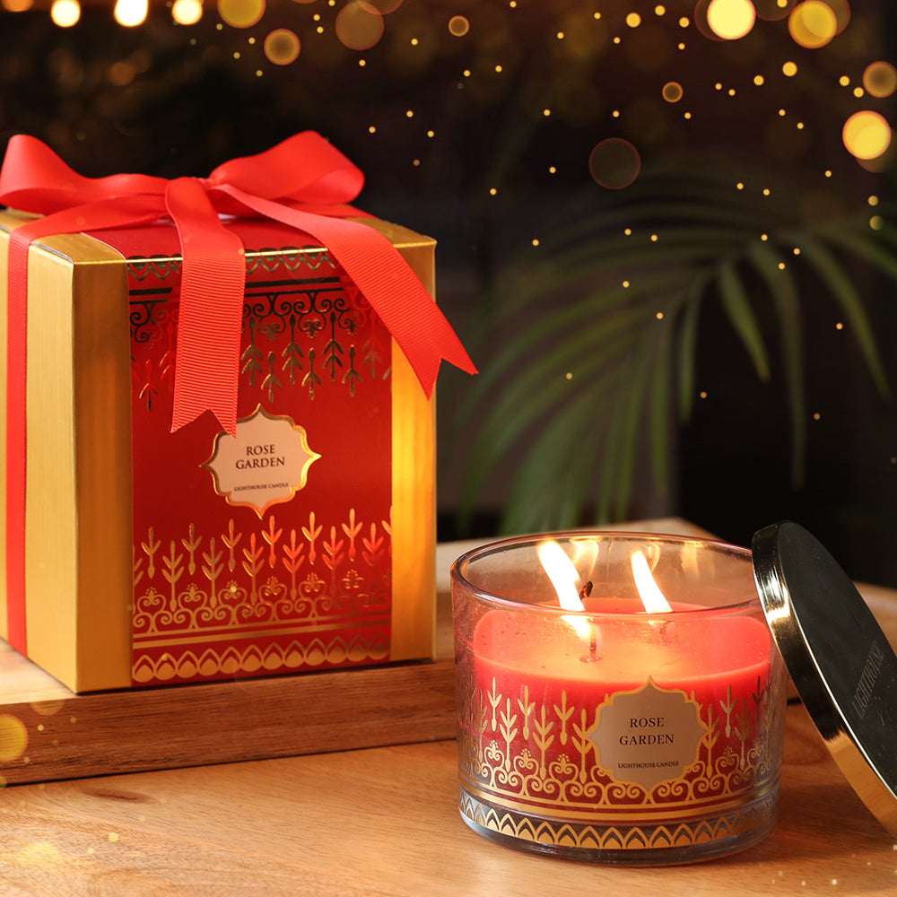 Scented Candle Online India All orders dispatch within 48 hours. 15-Days Easy Returns. Happiness Guaranteed. 3 - Wick Soy Wax Jar Candle with Festive Gift Box - Rose Garden Aroma Candle for Decoration