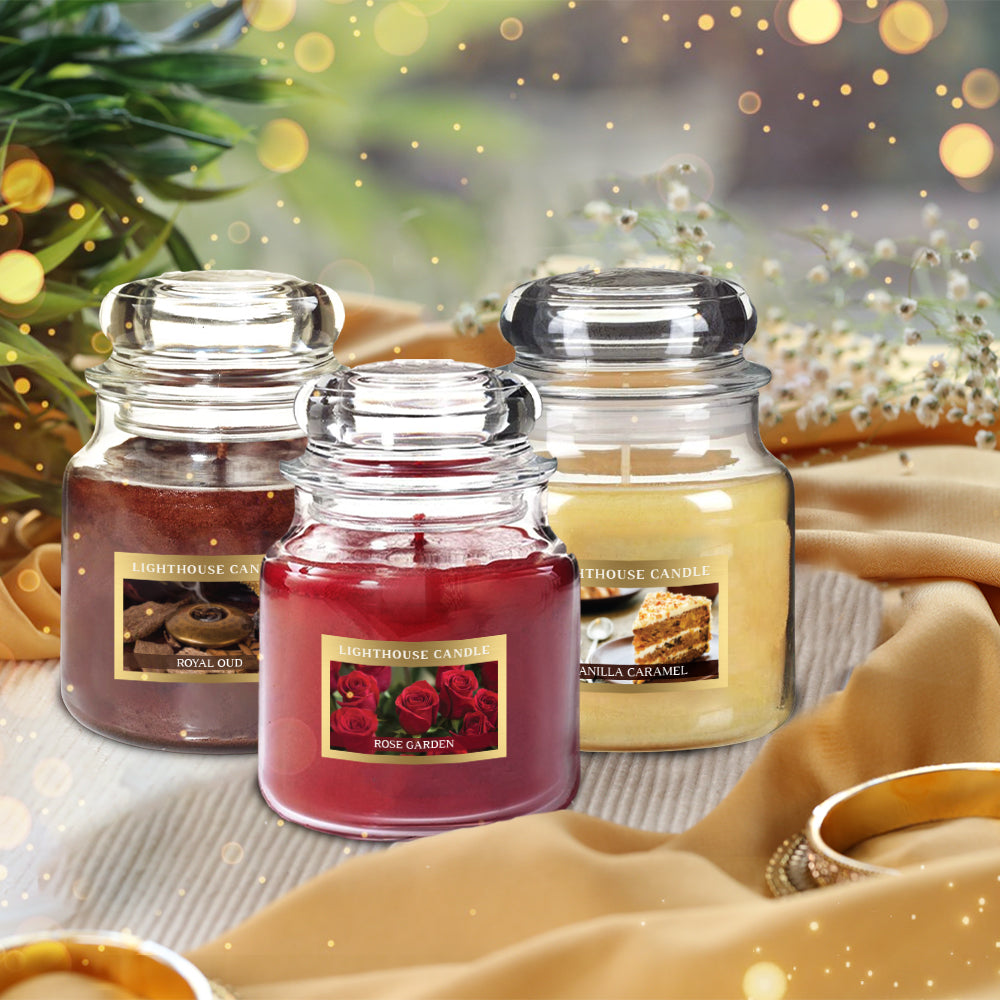 Scented Candle Online India All orders dispatch within 48 hours. 15-Days Easy Returns. Happiness Guaranteed. Candles Royal Fest Scented Jar Candles Trio Gift Box - Pack of 3 Candle for Decoration