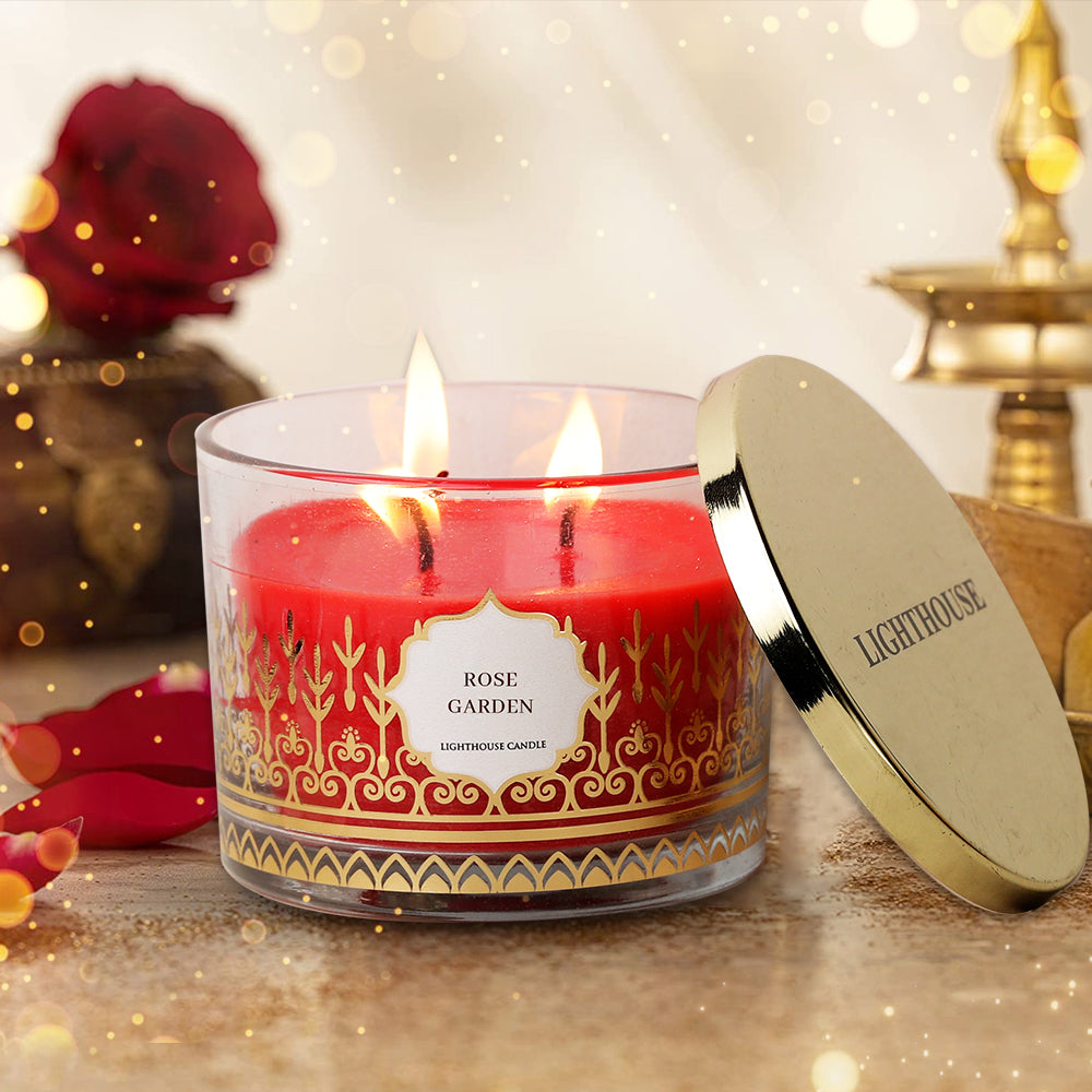 Scented Candle Online India All orders dispatch within 48 hours. 100% Free Returns. Happiness Guaranteed. 3 - Wick Soy Wax Jar Candle with Festive Gift Box  - Rose Garden Aroma Candle for Decoration