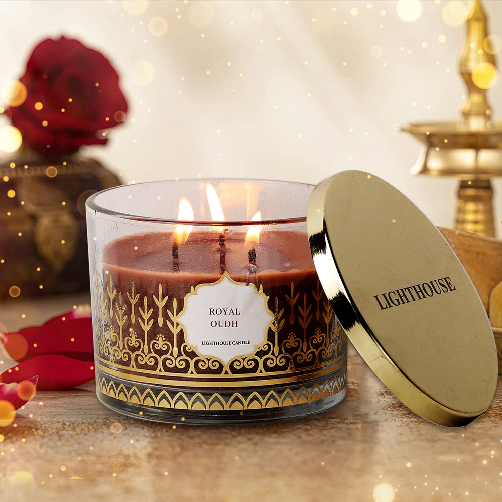 Scented Candle Online India All orders dispatch within 48 hours. 100% Free Returns. Happiness Guaranteed. 3 - Wick Soy Wax Jar Candle with Festive Gift Box - Royal Oudh Aroma Candle for Decoration