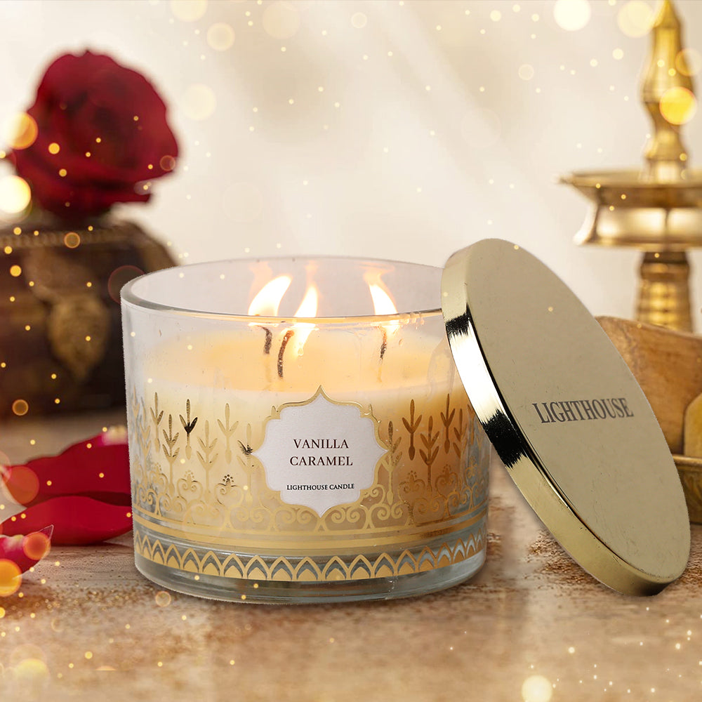 Scented Candle Online India All orders dispatch within 48 hours. 100% Free Returns. Happiness Guaranteed. 3 - Wick Soy Wax Jar Candle with Festive Gift Box - Vanilla Caramel Aroma Candle for Decoration