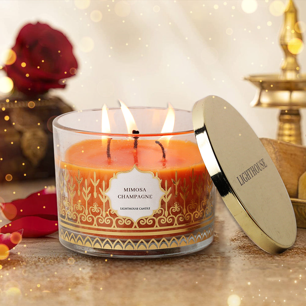 Scented Candle Online India All orders dispatch within 48 hours. 100% Free Returns. Happiness Guaranteed. Candles 3 - Wick Soy Wax Jar Candles with Festive Gift Box - Mimosa Champagne Aroma Candle for Decoration