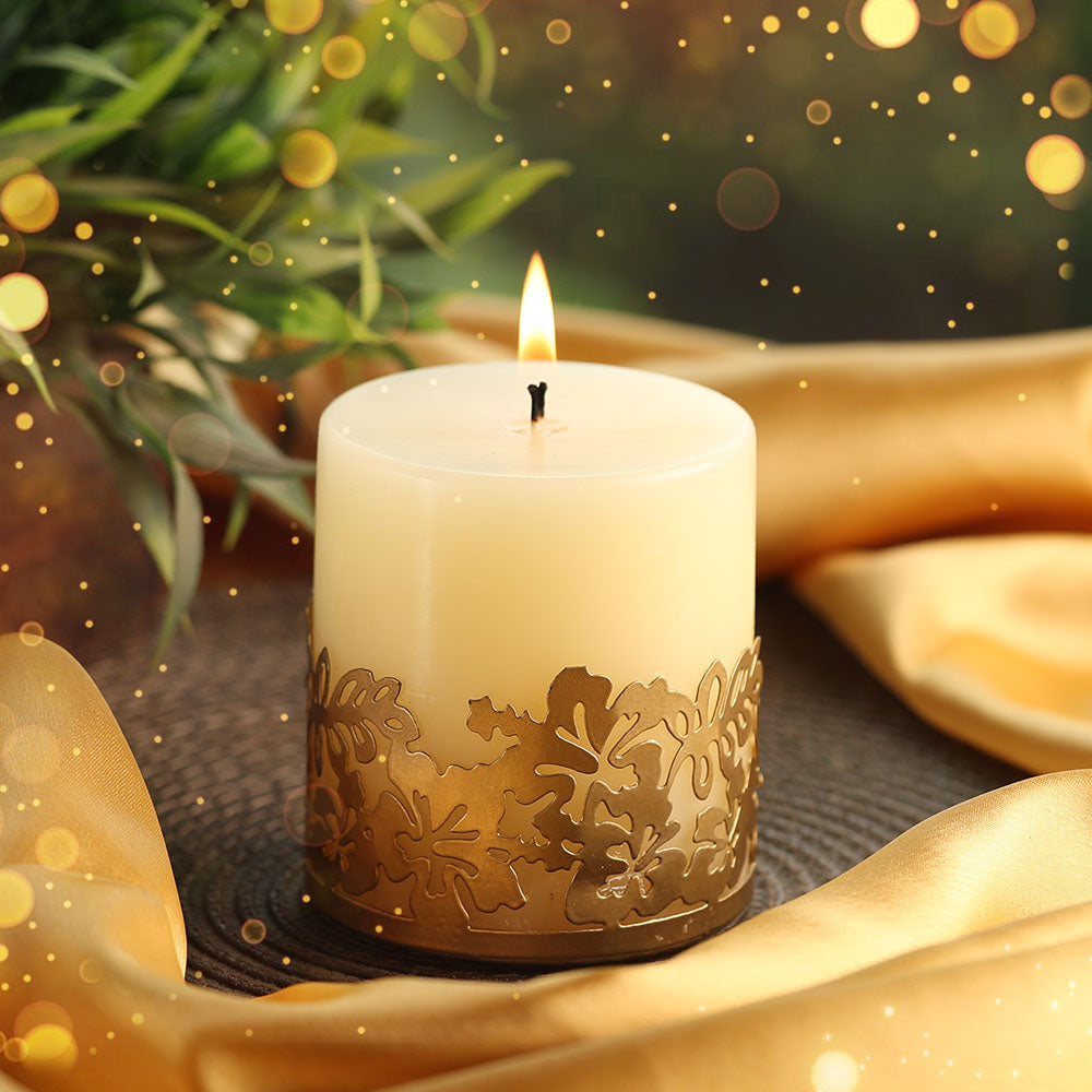 Scented Candle Online India All orders dispatch within 48 hours. 100% Free Returns. Happiness Guaranteed. Candles Festive Scented Candle Pillars with Floral Metal Candle Holder Candle for Decoration
