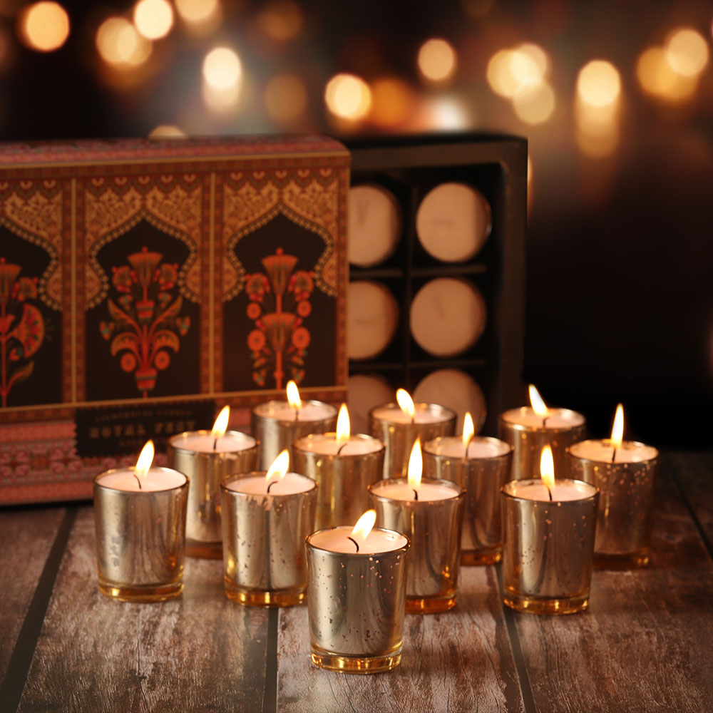 Scented Candle Online India All orders dispatch within 48 hours. 100% Free Returns. Happiness Guaranteed. Candles Gold Glass Votive Candles For Decoration with Filled Wax - Pack of 12 Candle for Decoration