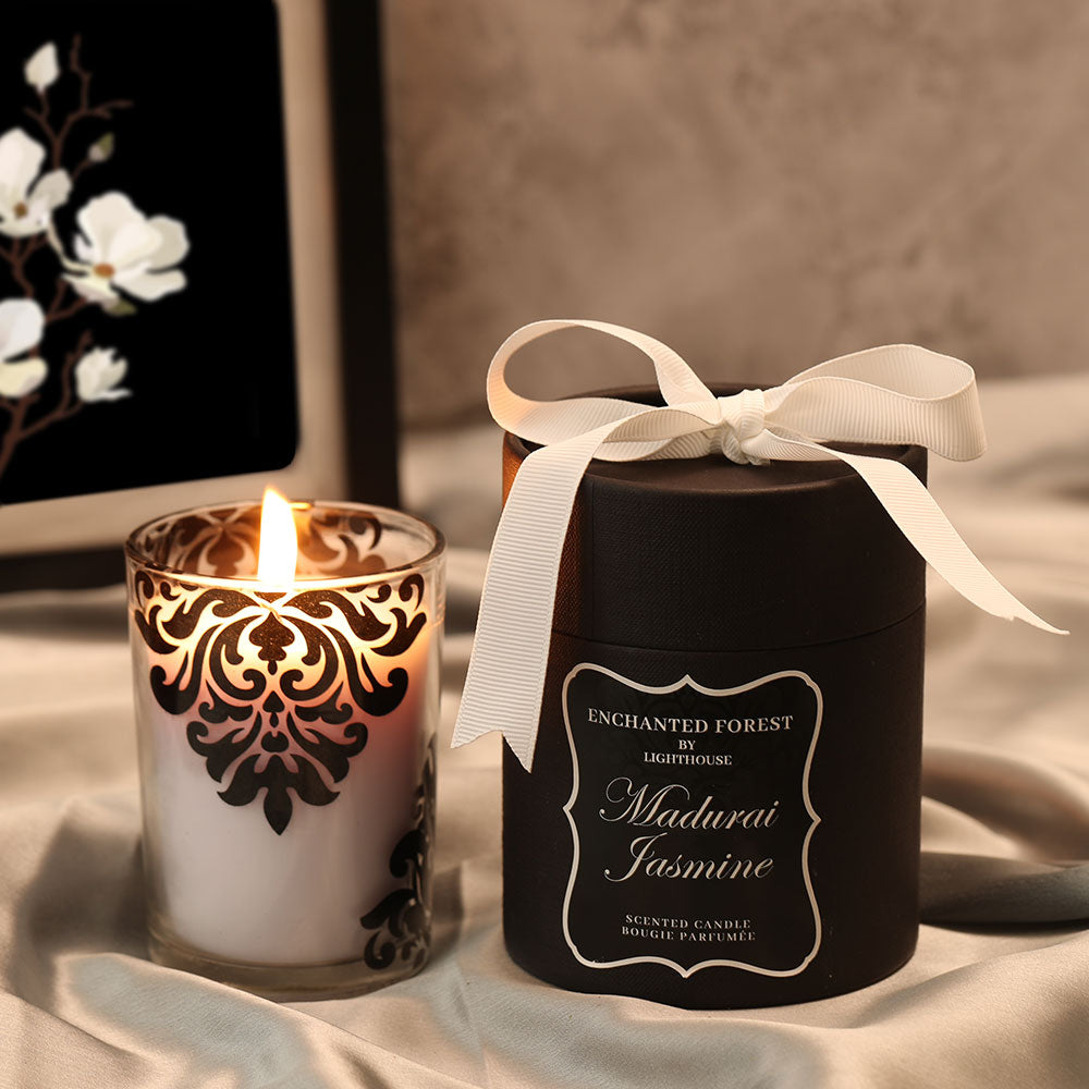 Scented Candle Online India All orders dispatch within 48 hours. 100% Free Returns. Happiness Guaranteed. Candles Luxury Jar Scented Candle - Madurai Jasmine Aroma Candle for Decoration