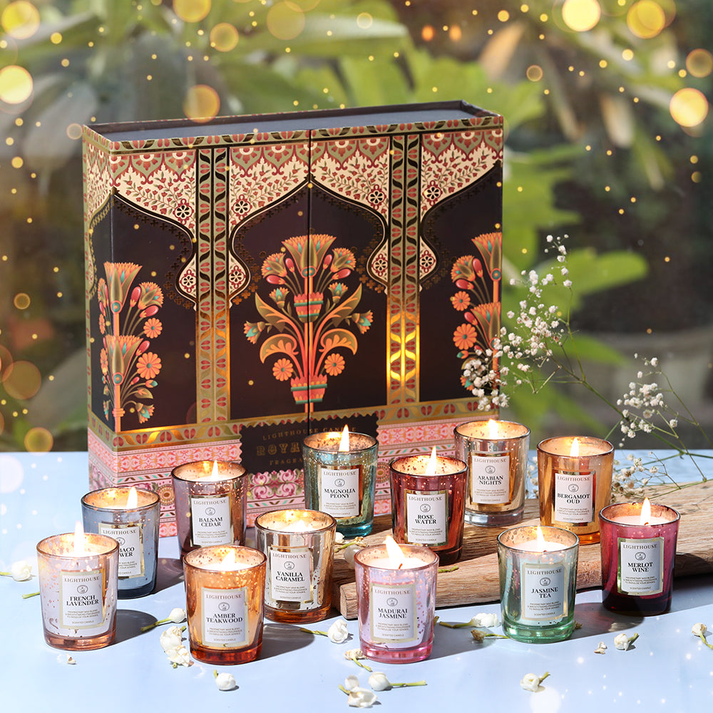 Scented Candle Online India All orders dispatch within 48 hours. 100% Free Returns. Happiness Guaranteed. Candles Royal Fest Fragrance Gift Box - 12 Luxury Scented Glass Candles Candle for Decoration