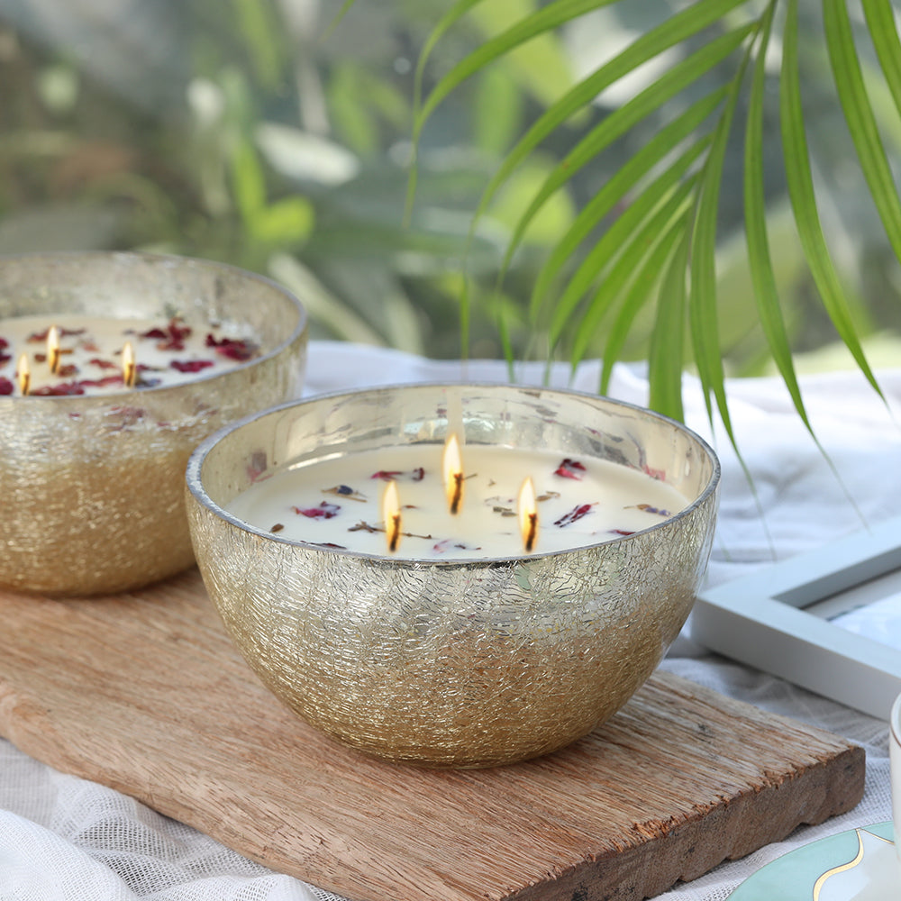 Scented Candle Online India All orders dispatch within 48 hours. 100% Free Returns. Happiness Guaranteed. Candles Royal Glass Bowl Soy Scented Candle with Infused Flowers in Gift Box - Royal Oudh Aroma Candle for Decoration