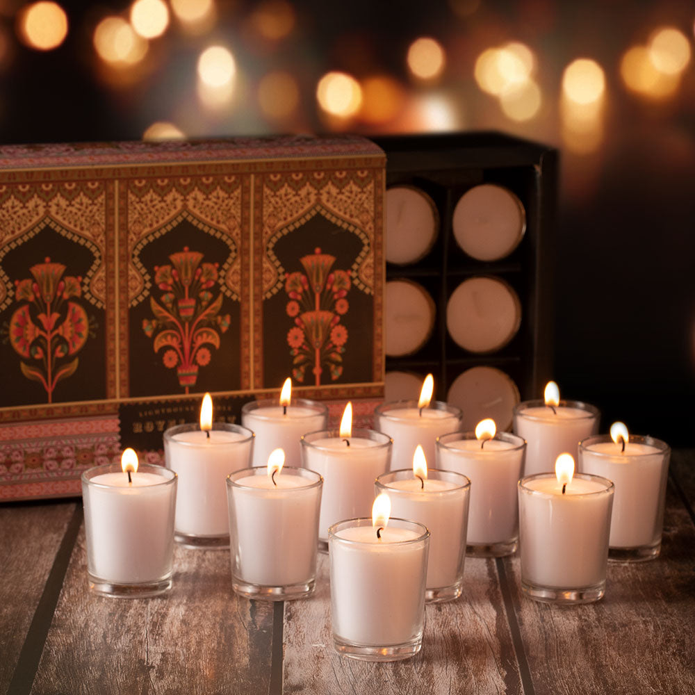 Scented Candle Online India All orders dispatch within 48 hours. 100% Free Returns. Happiness Guaranteed. Candles White Glass Votive Candles For Decoration with Filled Wax - Pack of 12 Candle for Decoration