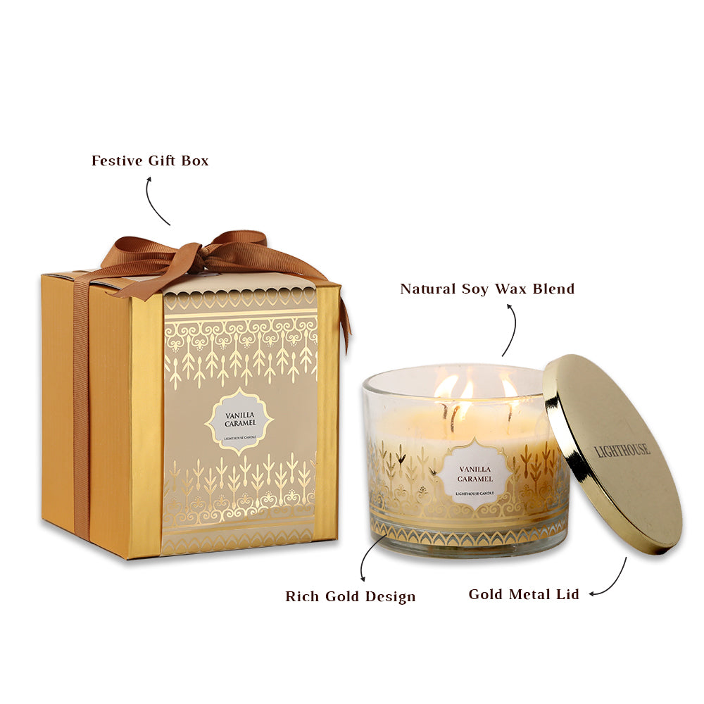 Scented Candle Online India All orders dispatch within 48 hours. 100% Free Returns. Happiness Guaranteed. Festive 3-Wick Soy Wax Jar with Gift Box - Vanilla Caramel Aroma Candle for Decoration