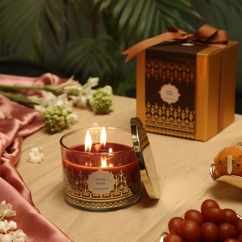 Scented Candle Online India All orders dispatch within 48 hours. 100% Free Returns. Happiness Guaranteed. Festive Combo 2 Soy Wax Jar Candles with Gift Box - Madurai Jasmine & Royal Oudh Aroma Candle for Decoration