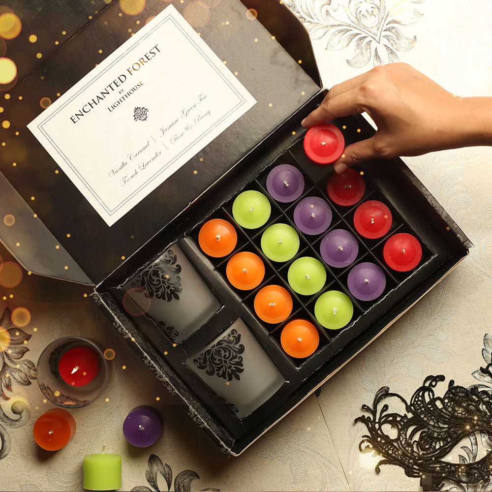 Scented Candle Online India All orders dispatch within 48 hours. 100% Free Returns. Happiness Guaranteed. Festive Gift Box- 2 Luxury Glasses with 16 Scented Candles Candle for Decoration