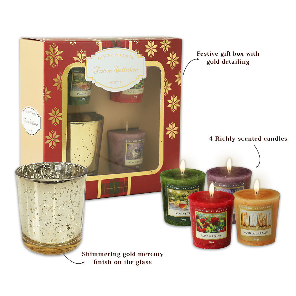 Scented Candle Online India All orders dispatch within 48 hours. 100% Free Returns. Happiness Guaranteed. Gold Glass Holder with 4 Richly Scented Candles - Festive Gift Box Candle for Decoration