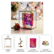 Scented Candle Online India Lighthouse Candle Fiesta Hurricane Candle Centrepiece (Includes Gold Metal Stand, Glass Hurricane, Tealight Holder Tree and Tealight Candles) Candle for Decoration