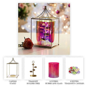 Scented Candle Online India Lighthouse Candle Fiesta Hurricane Candle Centrepiece (Includes Gold Metal Stand, Glass Hurricane, Tealight Holder Tree and Tealight Candles) Candle for Decoration