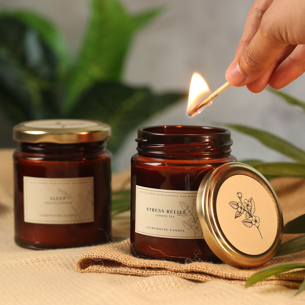 Scented Candle Online India Lighthouse Candle RELAX Aromatherapy Scented Candle Jars Wooden Wick - Pack of 2 (Sleep + Stress Relief) Candle for Decoration