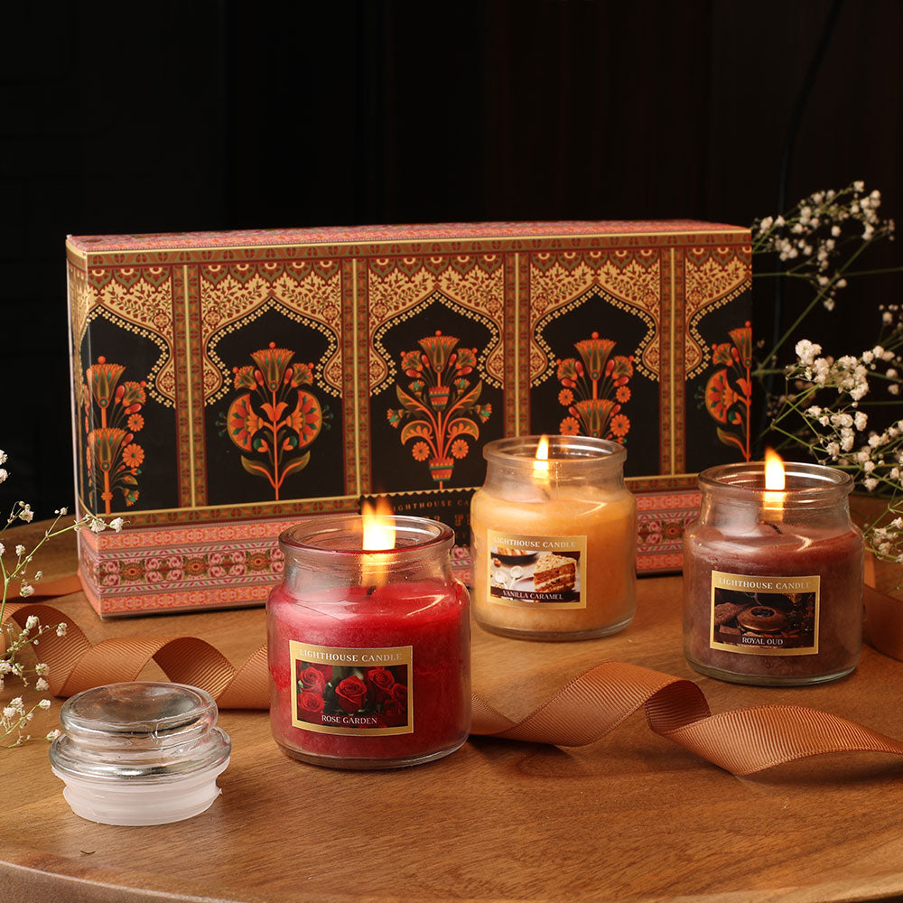 Scented Candle Online India Lighthouse Candle Royal Fest Scented Jar Candles Gift Box - Pack of 3 Candle for Decoration